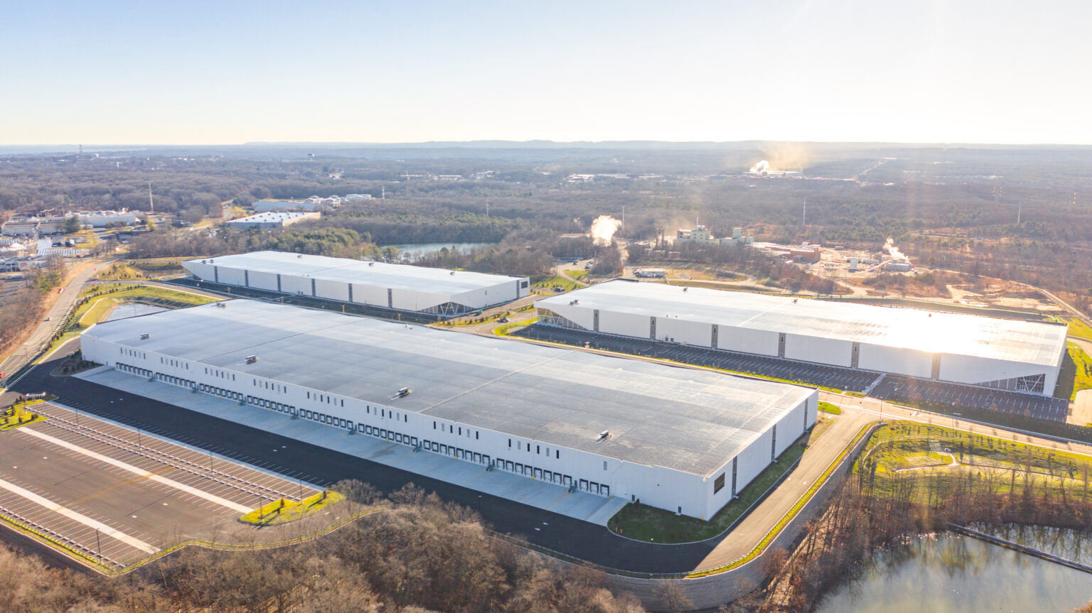 Aerial view of a Deftfulfillment U.S. warehouse campus